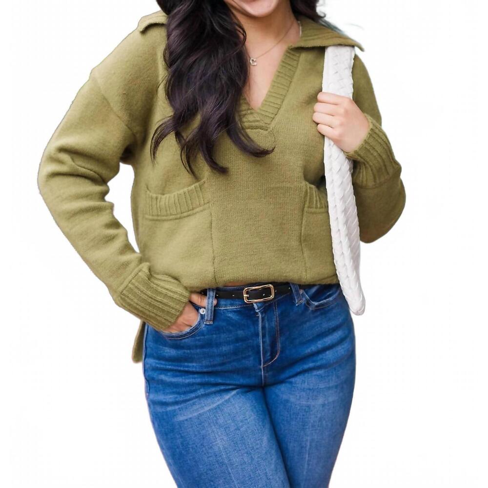 NEW SO ME cozy up v-neck sweater in olive